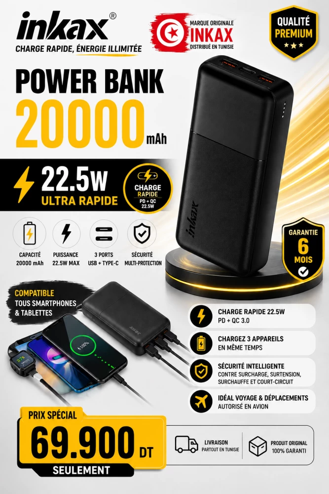 Pack Power Bank Inkax 20000mAh 22.5W + Écouteurs E67 + Anti-Casse Nano Offerts